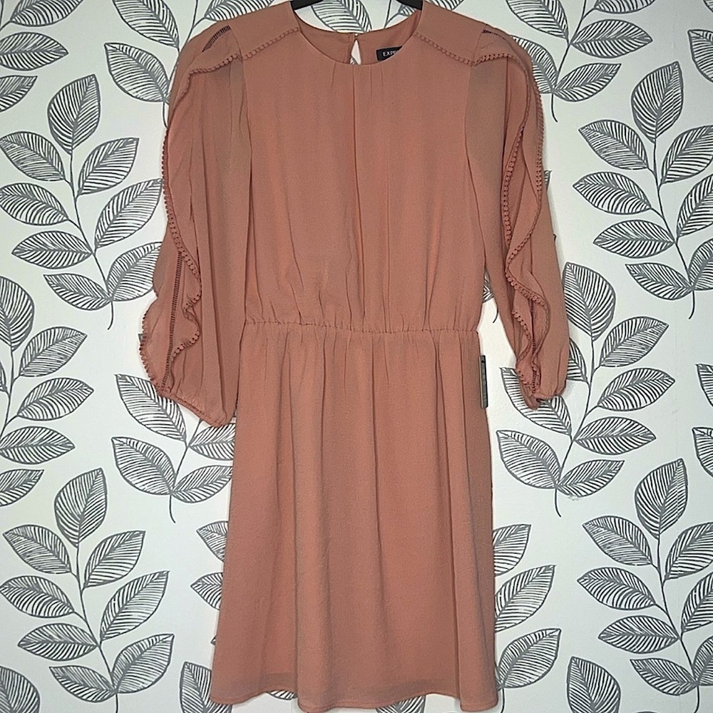 Express Chiffon Dress S Blush Pink NWT Ruffles Boho Flutter Sleeves Fitted Waist